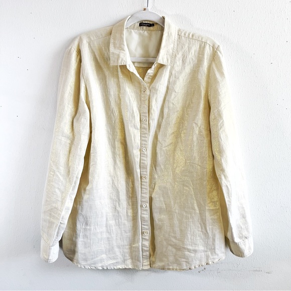 J. McLaughlin Button Up Cream w/ Gold Metallic Long Sleeve Collared Shirt Sz XL - Picture 5 of 16